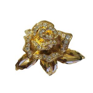 Vintage Avon Gold Rose Brooch Pin With Clear Rhinestones Flower Statement Piece
